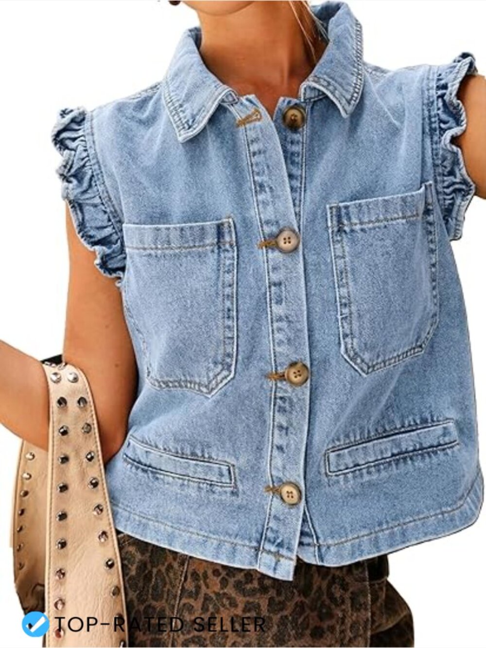 Light Blue Denim Ruffle-Sleeve Button Vest